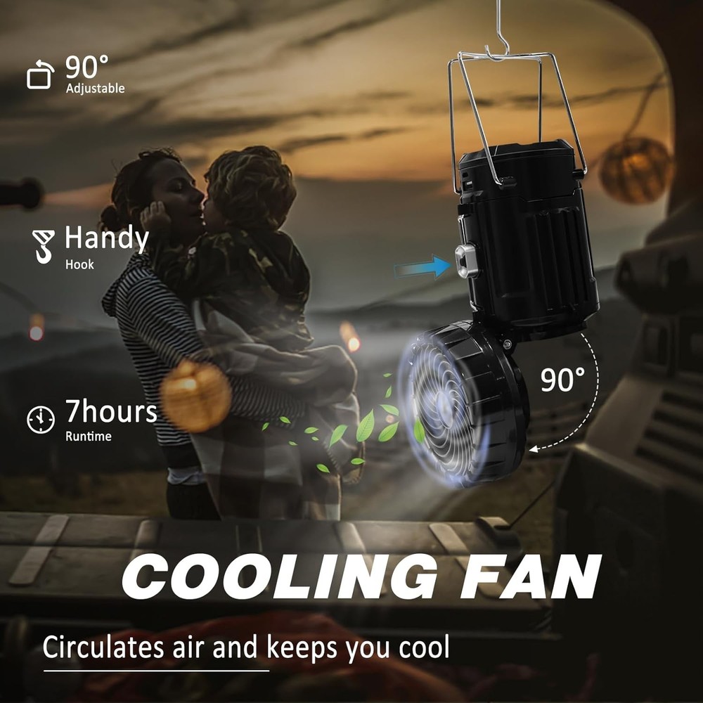 2-Pack Solar Camping Fan w/ Lantern, DIBMS Collapsible Powered Black