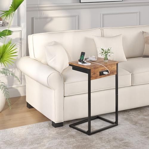 sthmec C Shaped End Table with Charging Station, 45° Tiltable 1 Rustic Brown