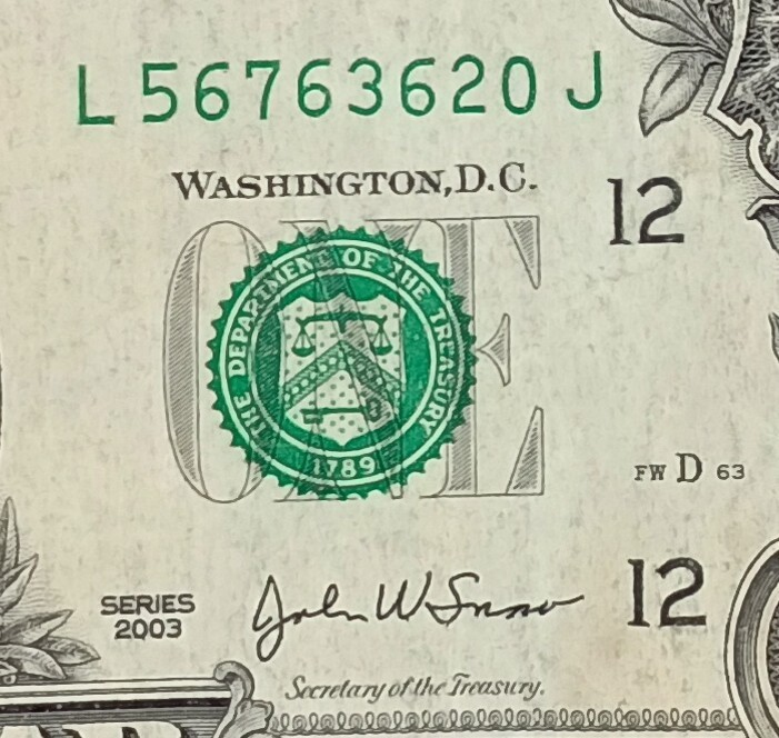 L56763630J $ Misaligned Misprint Overprint Shift Error Note One Dollar Bill 2003