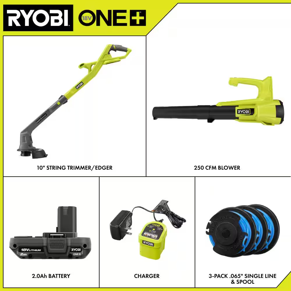ONE+ 18V Cordless String Trimmer/Edger and Blower/Sweeper Combo Kit & 3 Pack. 06