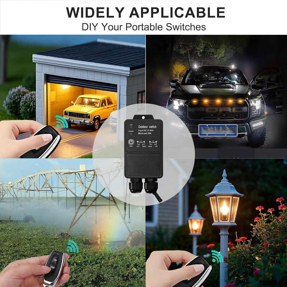 12V Remote Control Switch. IP67 Waterproof DC8-80V 30A Relay Wireless Switch wit