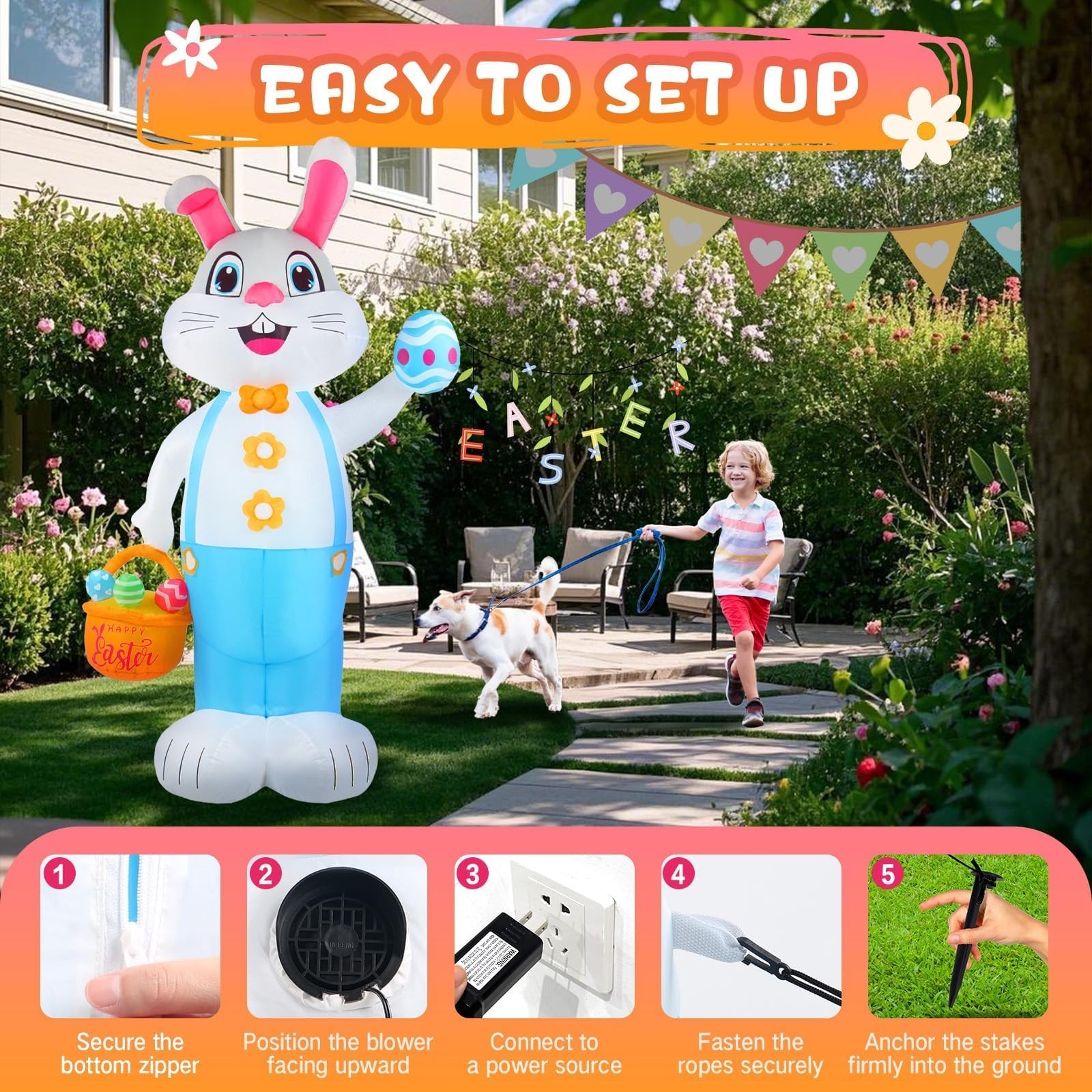 6FT Easter inflatables Bunny Outdoor Decorations LED Lighted Blow Up Rabbit