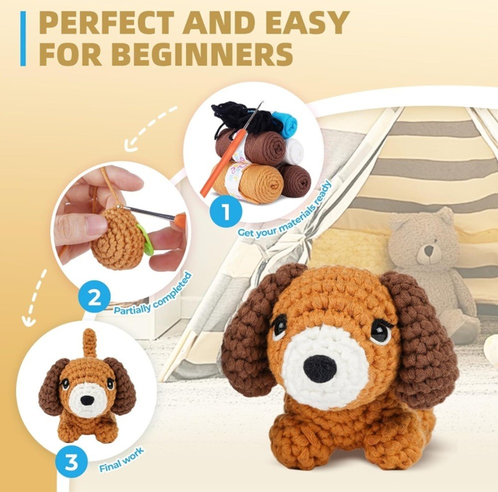 Beginner Crochet Kit 2 Dachshund Dog DIY Set with Step-by-Step Video Tutorial