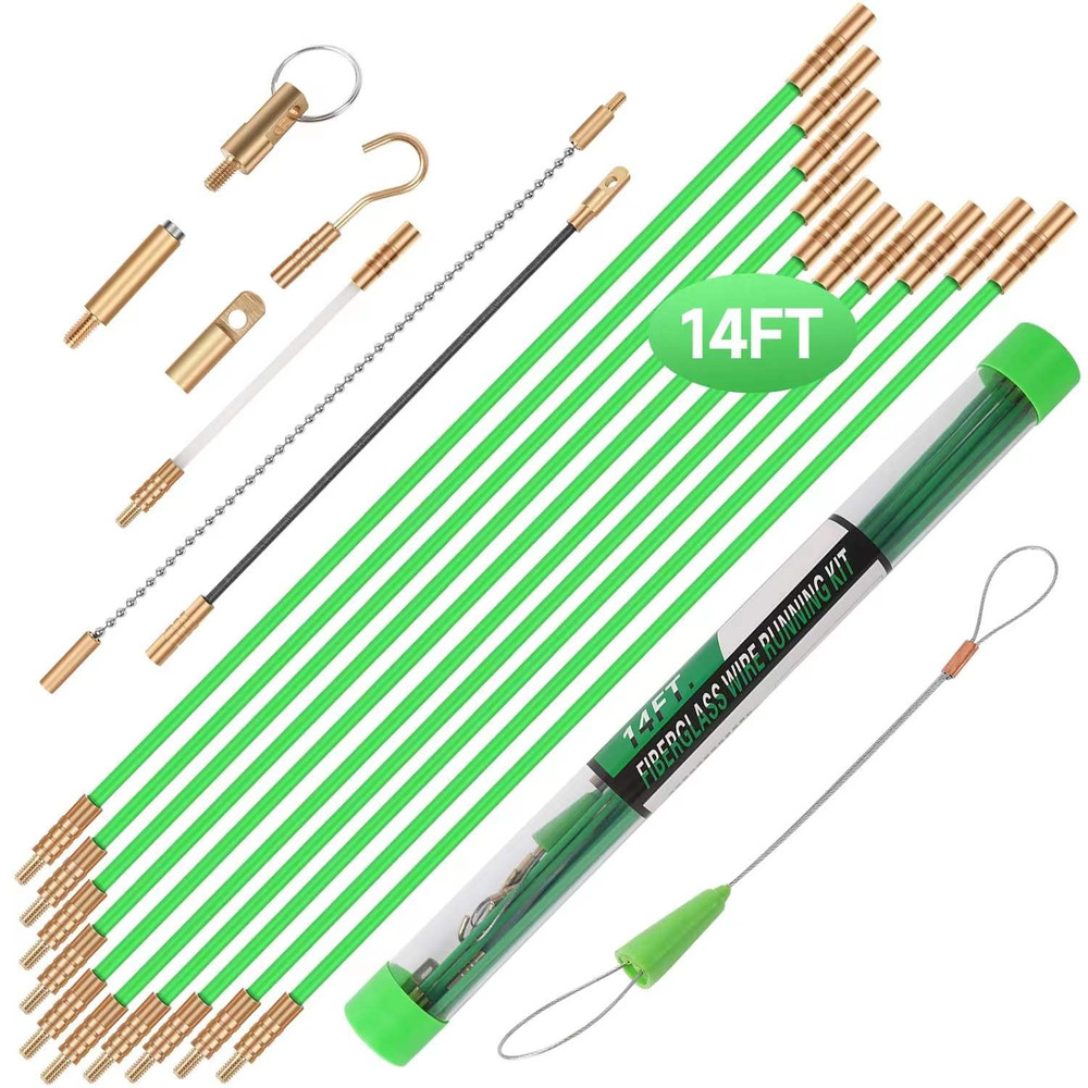 14FT Fiberglass Running Wire Cable Glow Rods Wire Pulling, Fish Rods Kit with 8