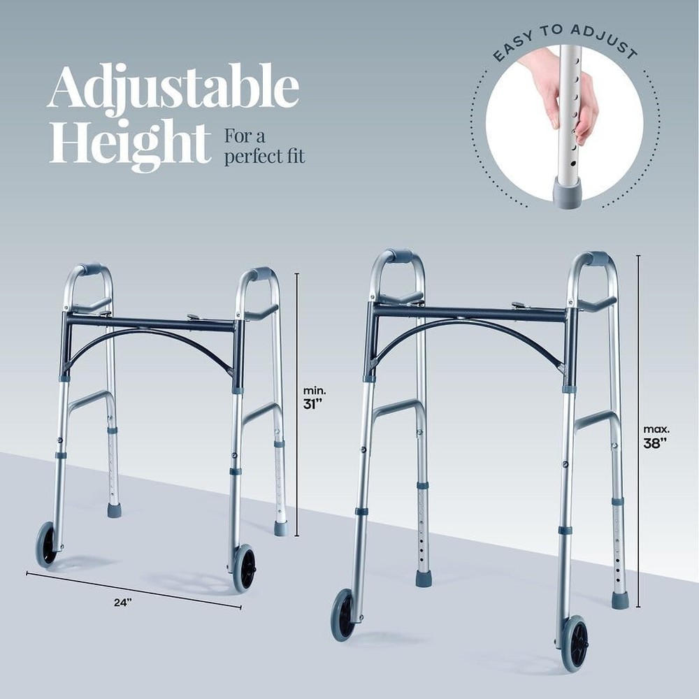 Lightweight, folding walker with wheels, supports 350 lbs, adjustable height