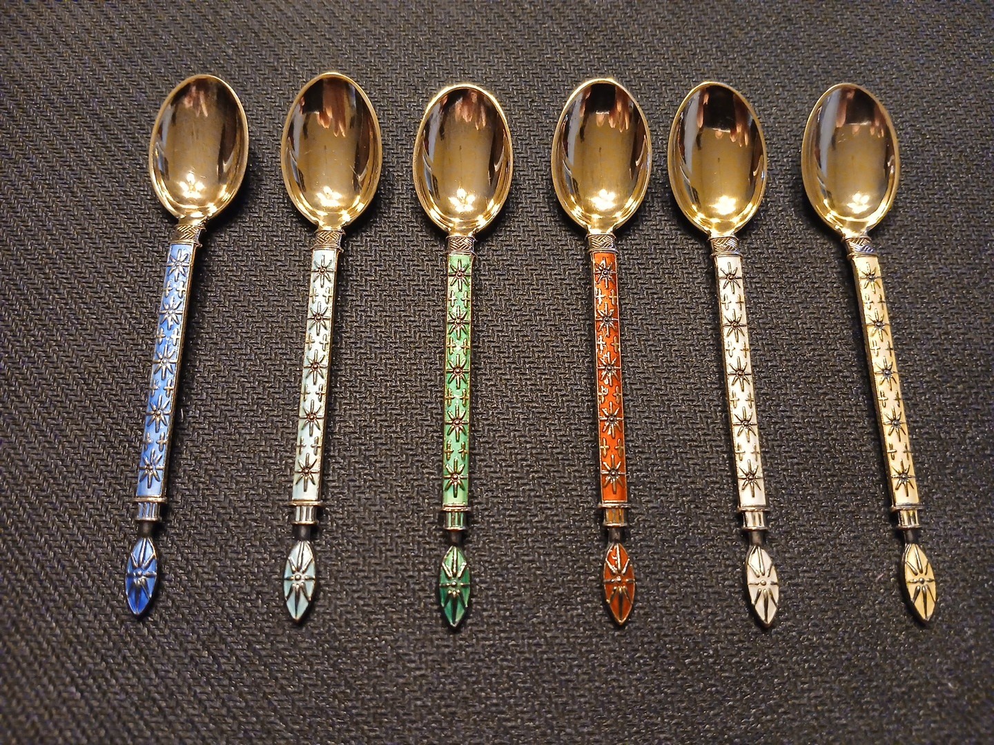 J TOSTRUP ~ Norway ~ Set of 6 Sterling Silver Enamel Demitasse Spoons - Nice!