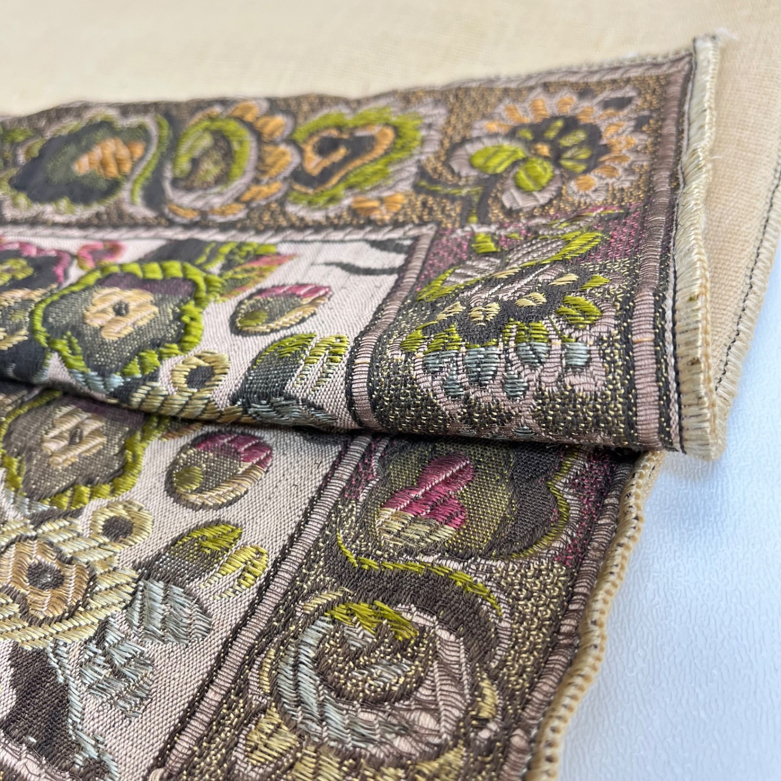 Vintage Asian Silk Hand Embroidered Textile 48 x 17 Panel Runner Pagoda Scene