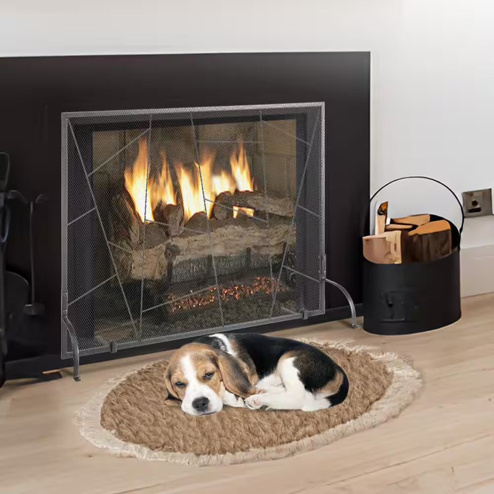 Single Panel Fireplace Screen Iron Mesh Free Standing 36 x 28 in