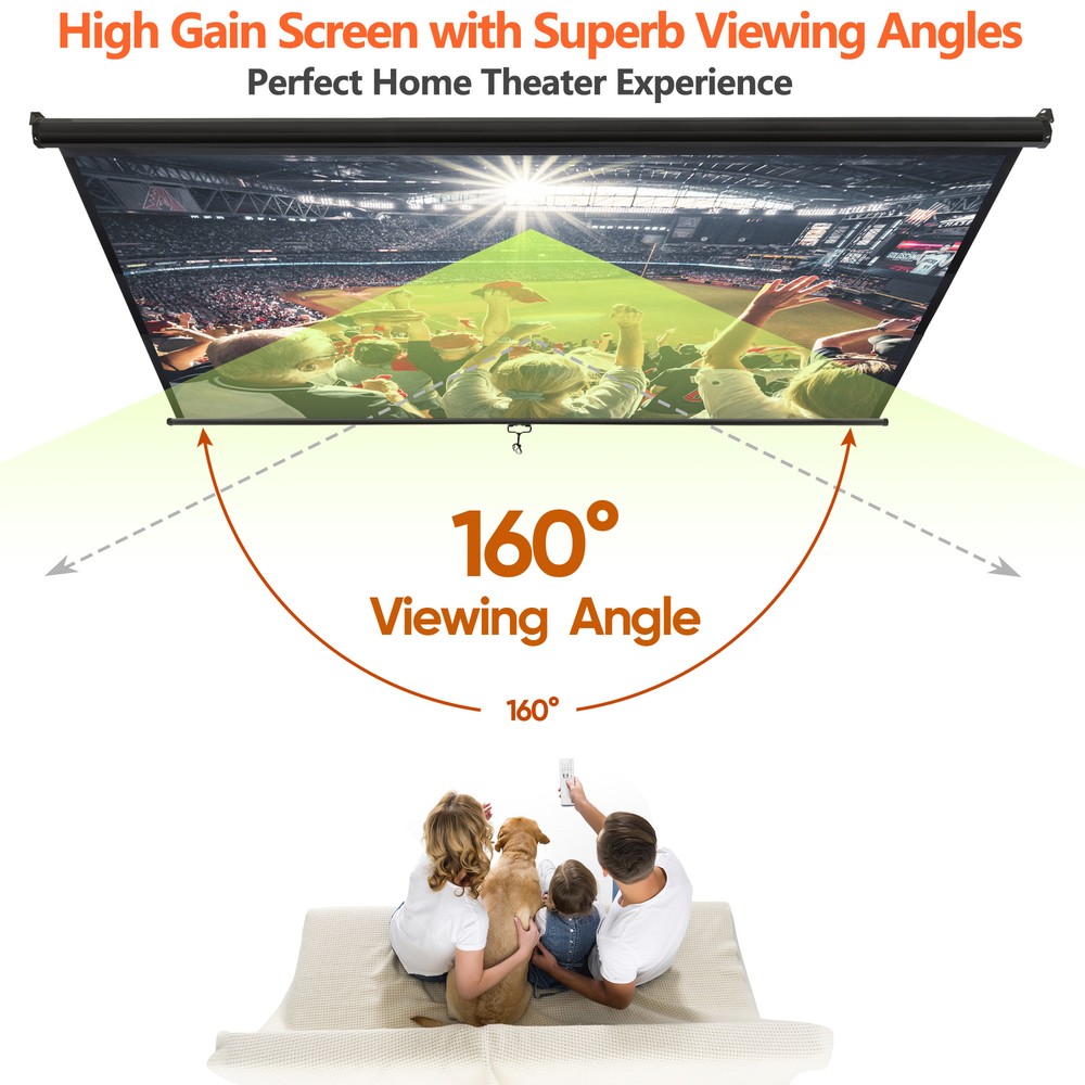 100'' Pull Down Projector Screen 16:10 4K Projection Screen Indoor Outdoor Black