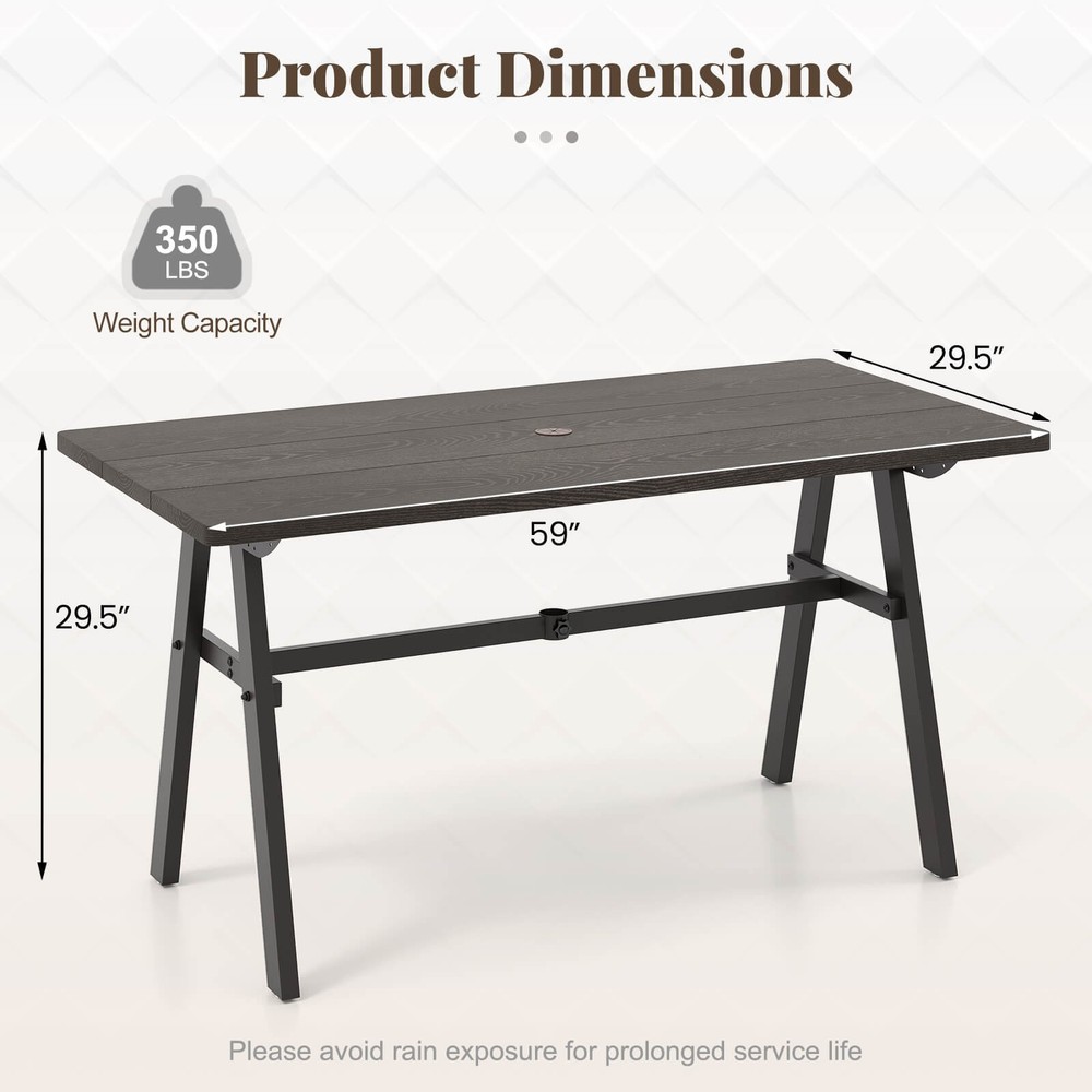 59" x 29.5" Rectangle Rustproof Patio Dining Table with 1.93" Umbrella Hole