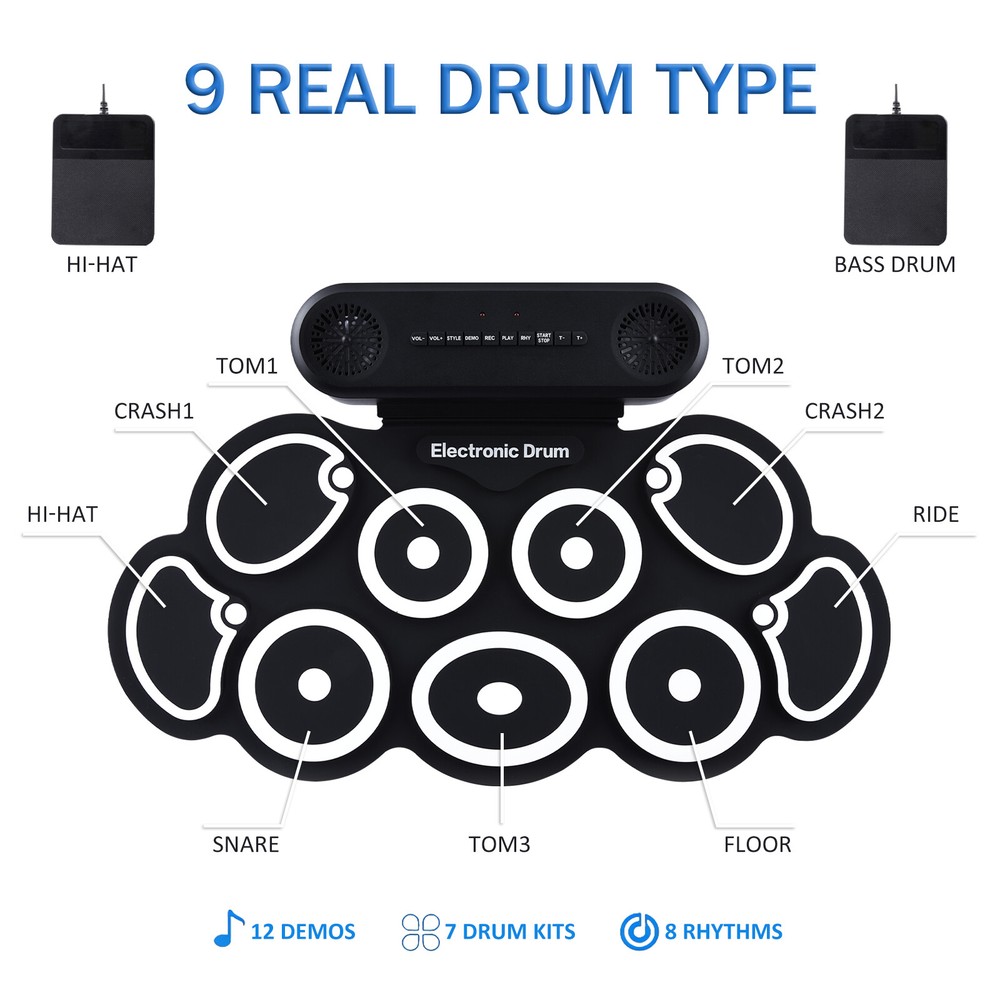 Electronic Drum Set 9 Pads Drum Practice Pad Kit Roll-Up Electric Drum Set - USA