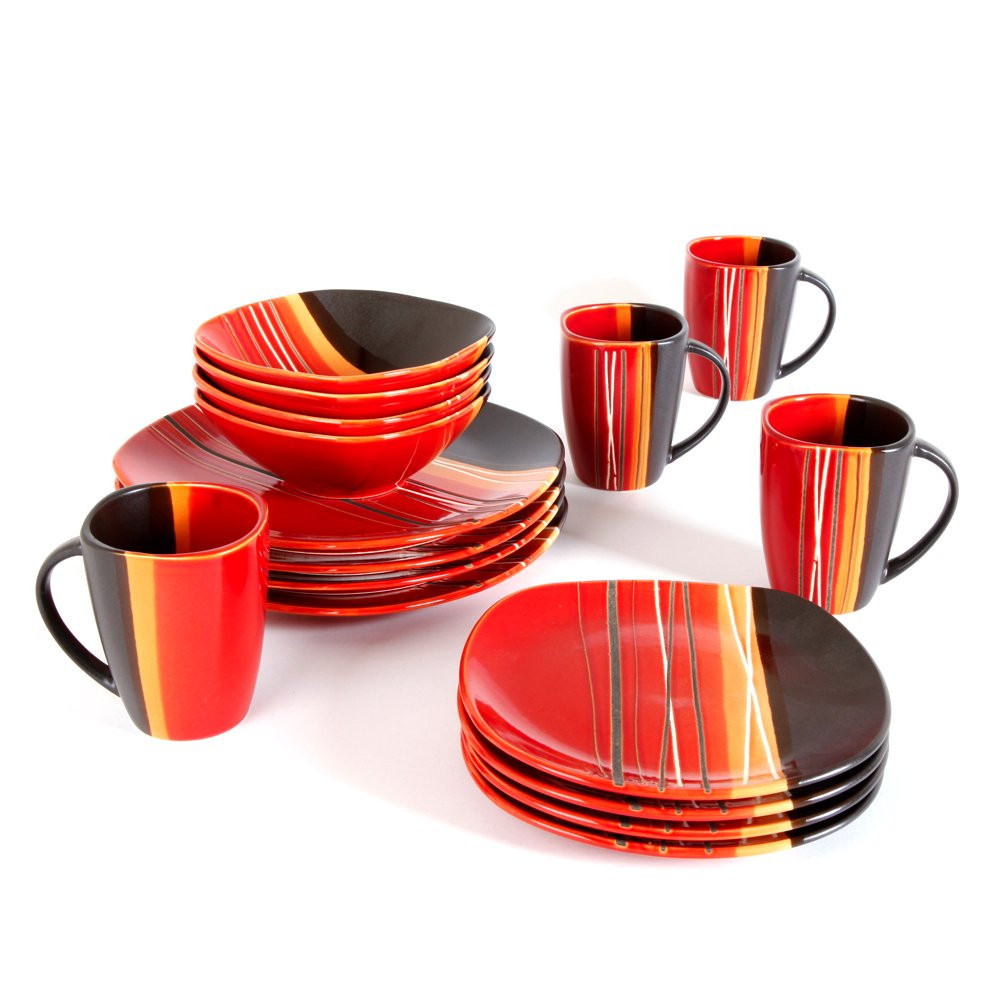 Bazaar 16-Piece Dinnerware Set Red Home Kitchen Plate Dine Serveware Stoneware
