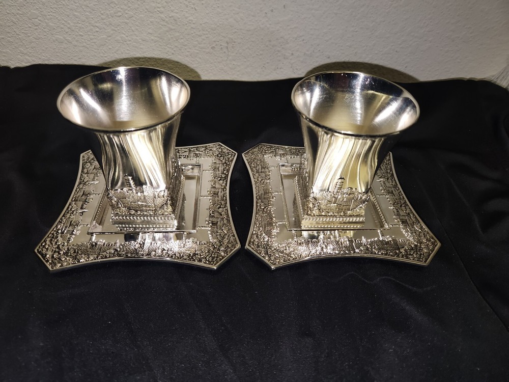 2 Silver Plated Jerusalem Wine Cups and Coasters