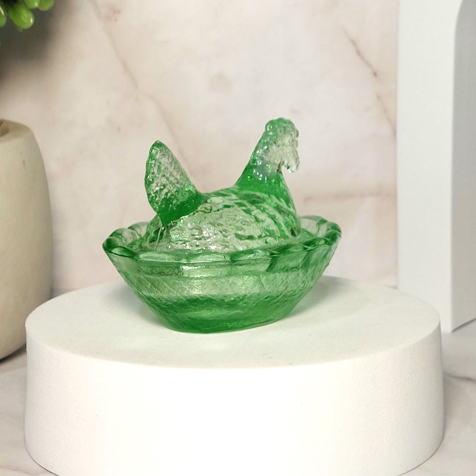Green Depression Style Glass Mini Hen on Nest Chicken Salt Dish, Vintage Style