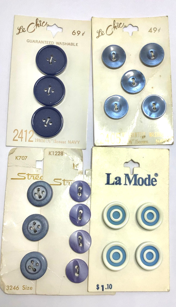 Vintage Blue Plastic Buttons 5 Sets (19) Different Shades & Sizes