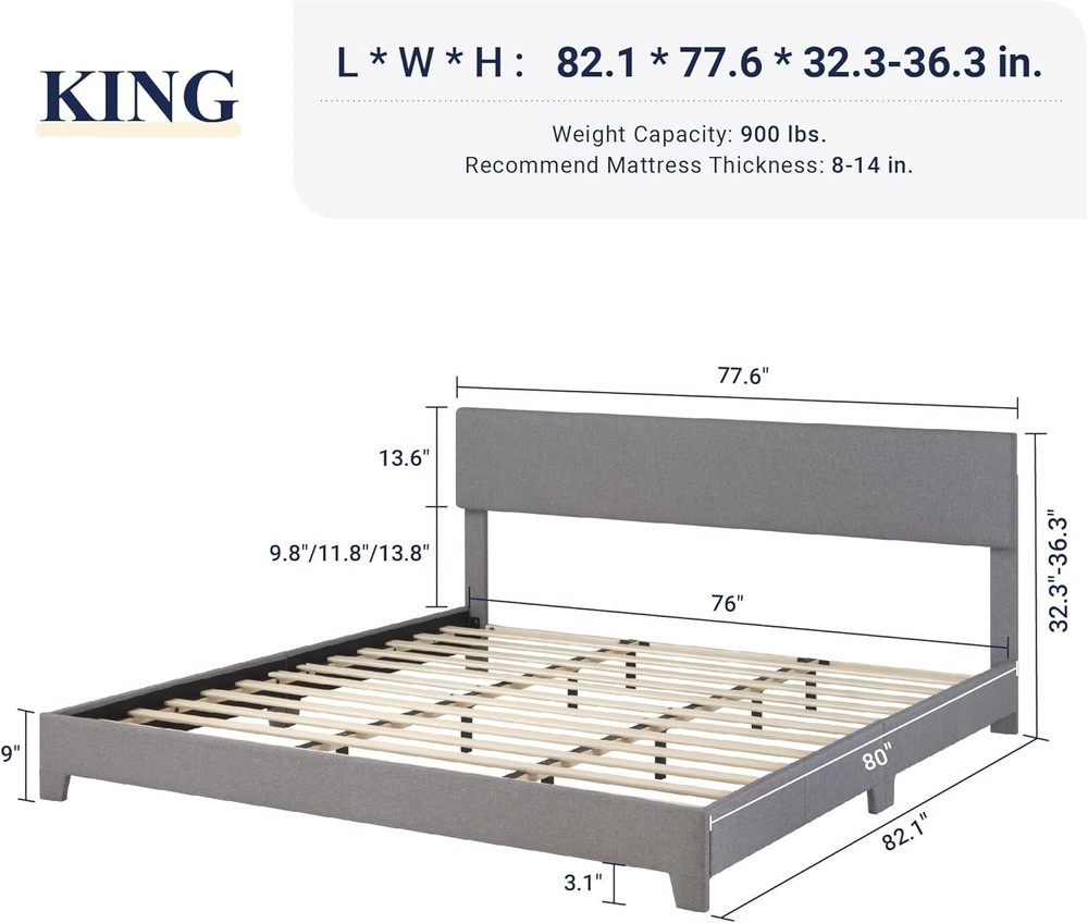 Sleek Linen Upholstered King Bed Frame, Adjustable Headboard