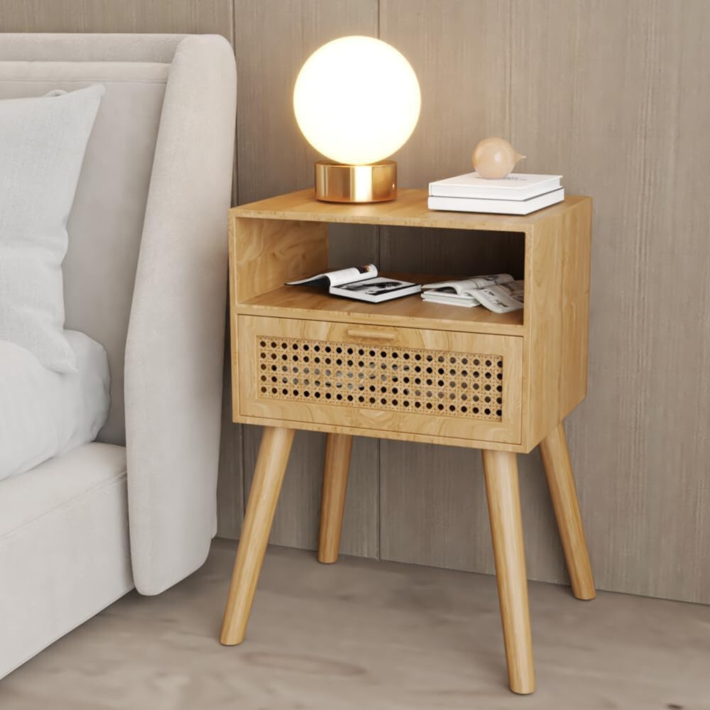 Nightstand with Rattan Door Wooden Bedside Table End Table 1 Drawer Storage