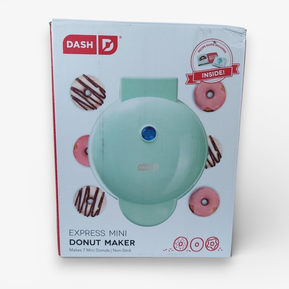 Dash Express Mini Donut Maker Aqua Nonstick Makes 7 Mini Donuts w Recipe Guide