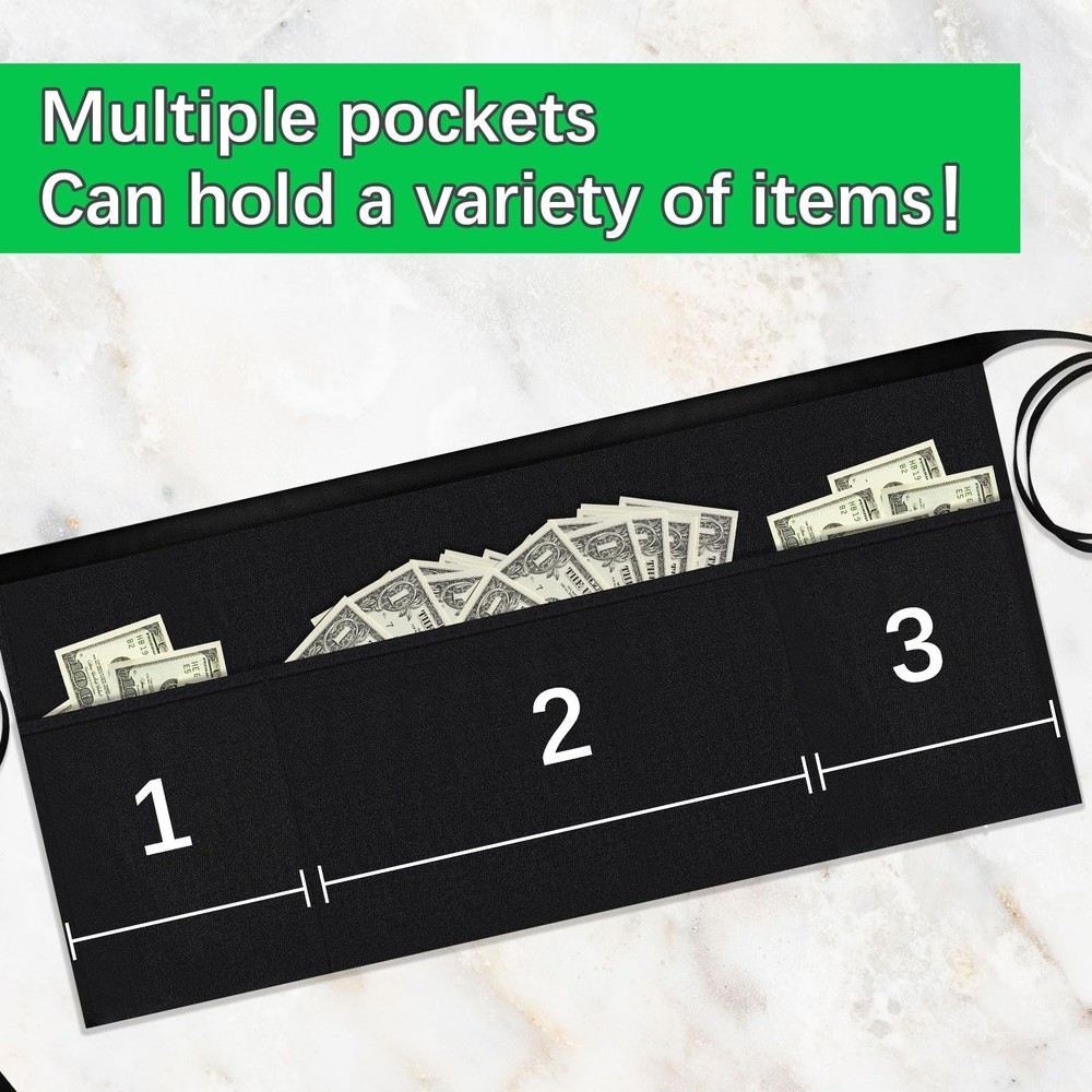 Server Apron 3 Pockets Reinforced Edge Black - 4 Pack Restaurant Workwear
