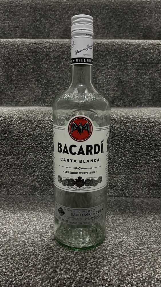 Bacardi White Rum - Empty Glass Bottle - 1 Litre / 1000ml