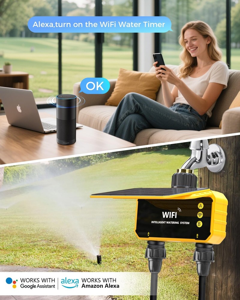 WiFi Sprinkler Timer 2 Zone without Gateway, Solar WiFi Water Timer for Garde...