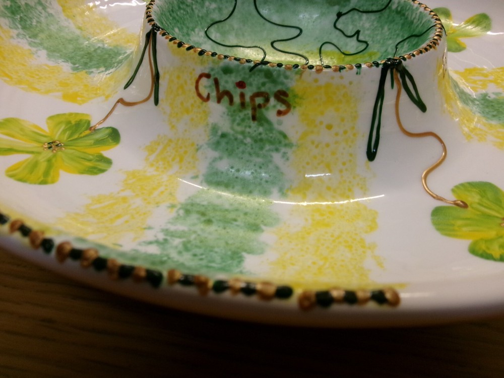 Large, Ceramic Serving Dish, by Johanna Watts 2009, Chips & Dips, signed. H2