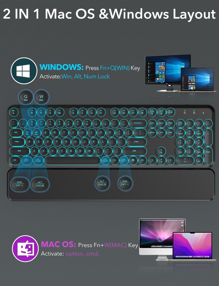 Wireless Keyboard and Mouse Backlit - Typewriter Keyboard with Magnetic Wrist...