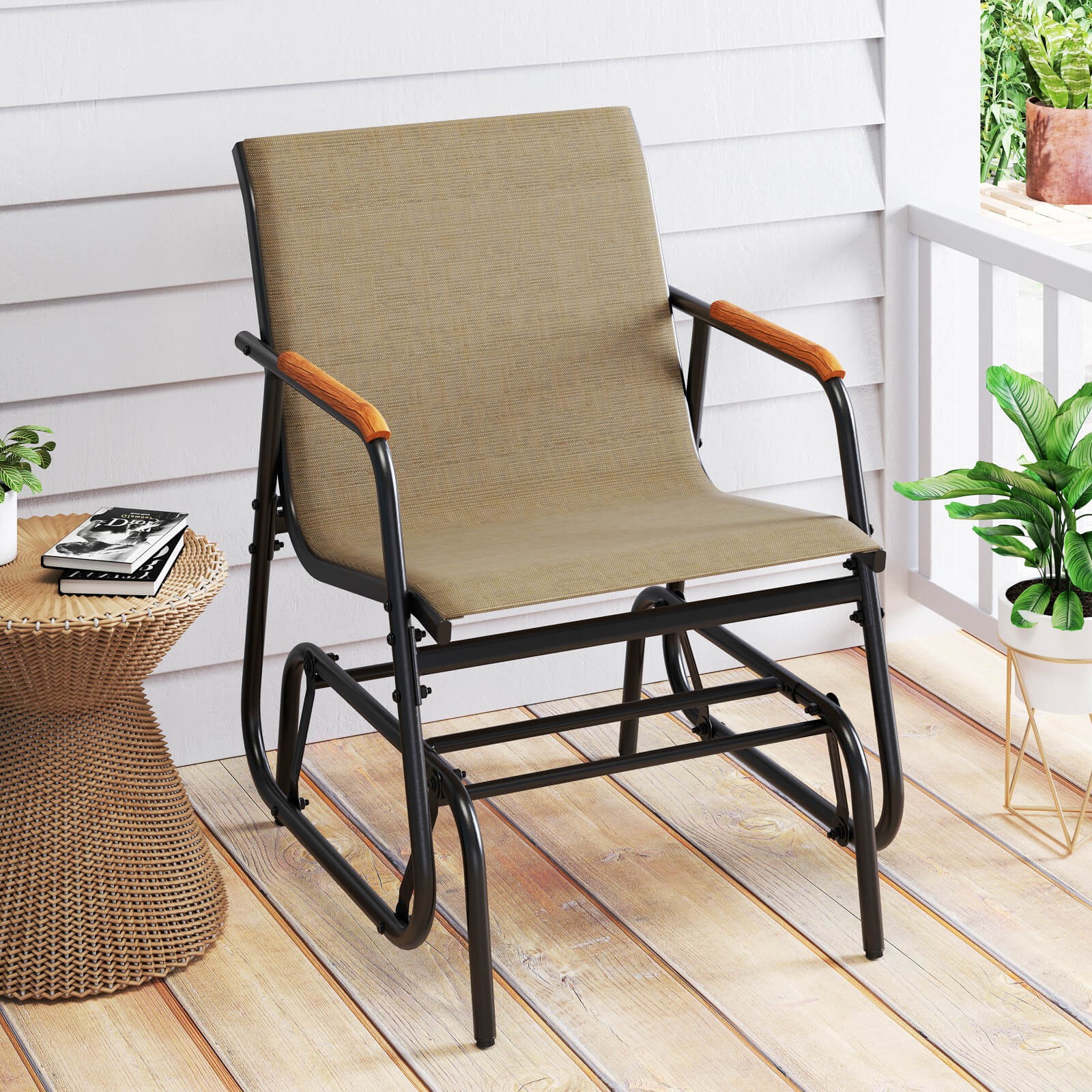 Patio Glider Chair Set of 2 w/ Curved Teak Armrests & Breathable Fabric Seat
