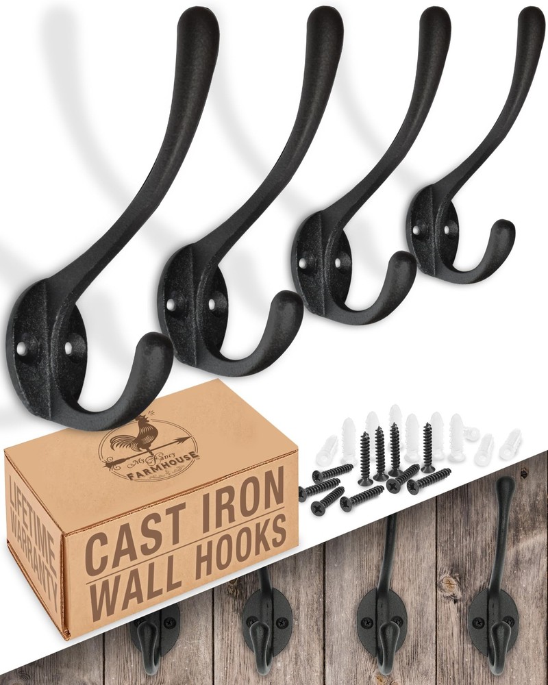 Heavy Duty Cast Iron Wall Hooks (4 Pack) Non Rusting - Wall Hooks