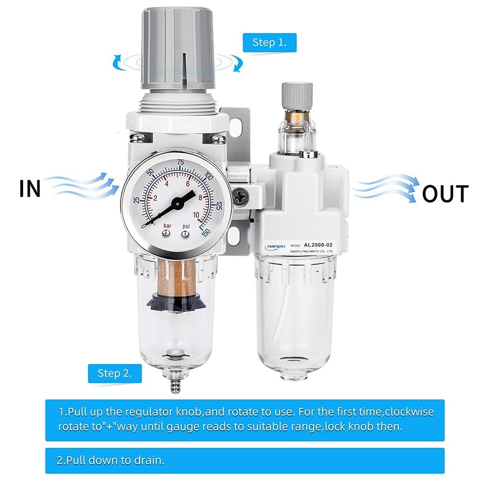 1/4" NPT Compressed Air Filter Regulator Lubricator - 0-150 PSI Essential Combo