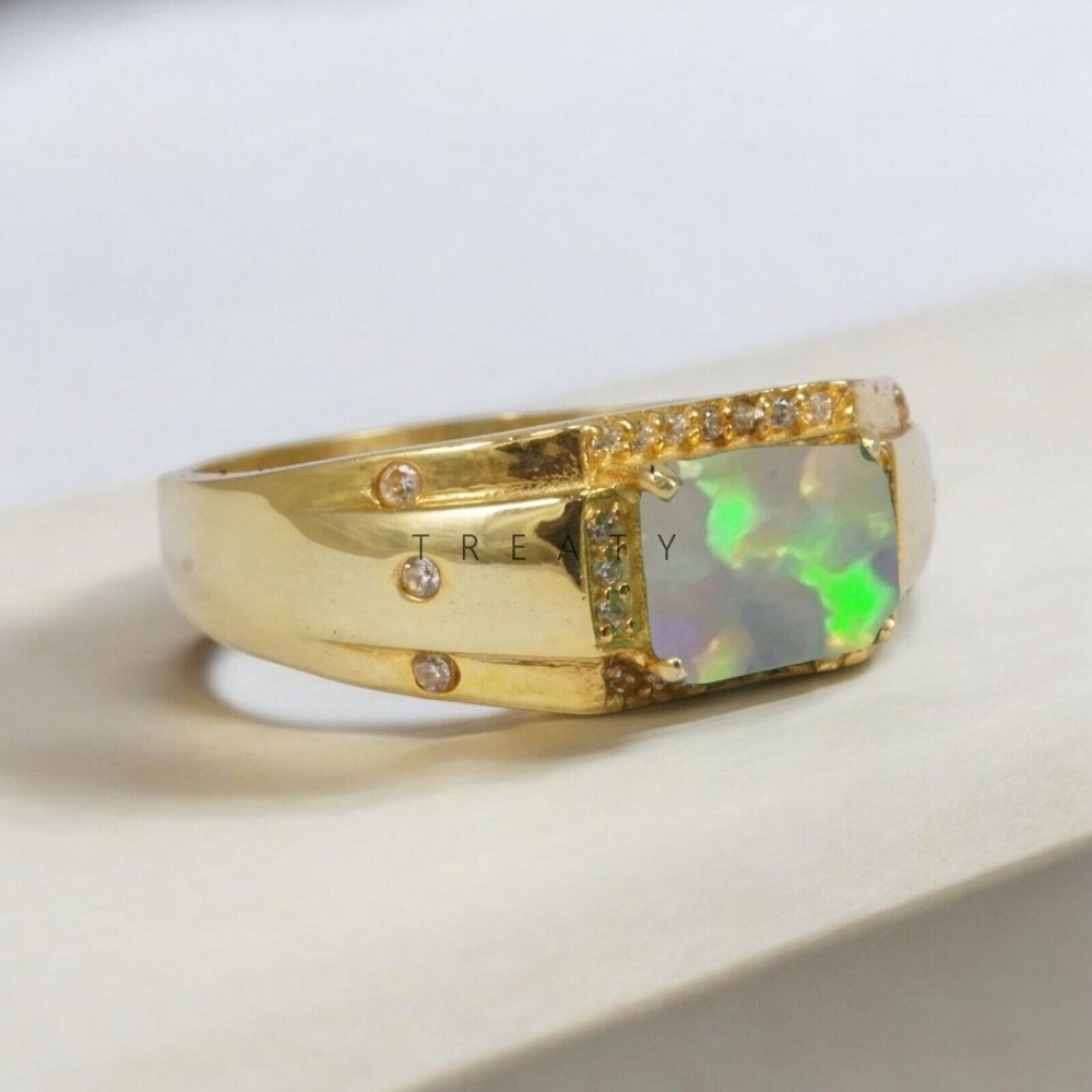 Opal Emerald Cut Gemstone With 14K Solid White Gold Ring For Men's #168