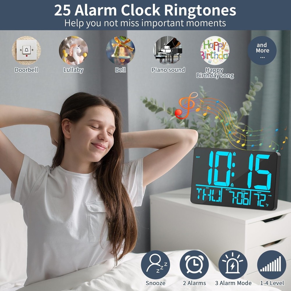13" Digital Wall Clock Large Display with Remote, 25 Ringtones, Temperature, ...
