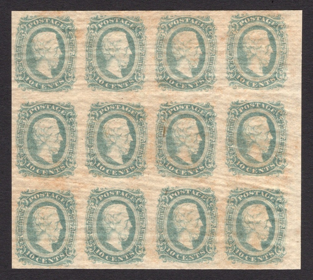 Confederate, CSA #11c (AD) 10¢ Greenish Blue, Block of 12, Mint-OG-NH