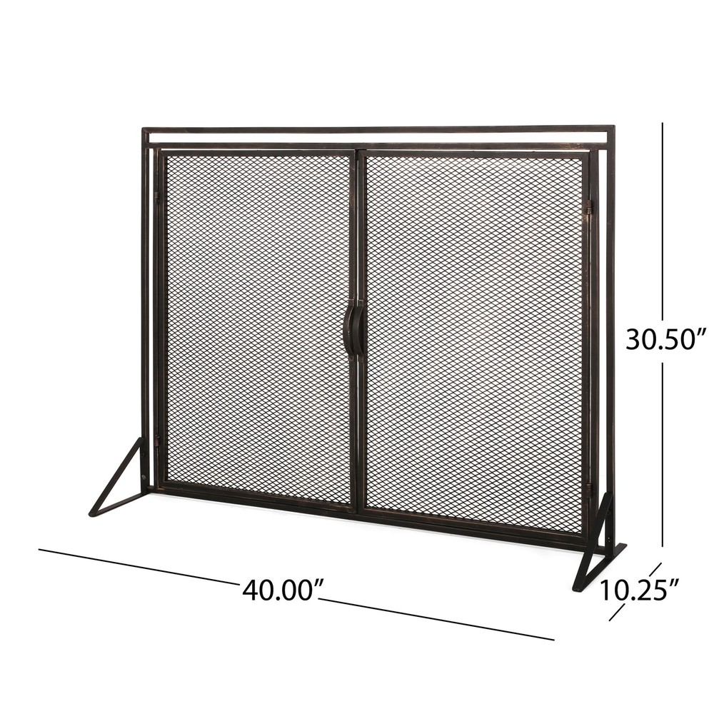 40" Iron Fireplace Screen Matte Black, Modern Single Panel with 2 Access Doors