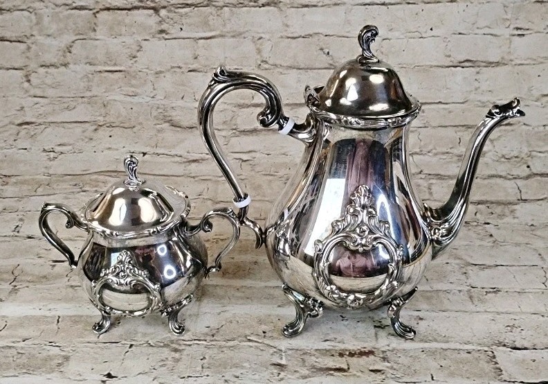 Leonard Silver Plate Teapot Pot Set Footed Scrolls Vintage
