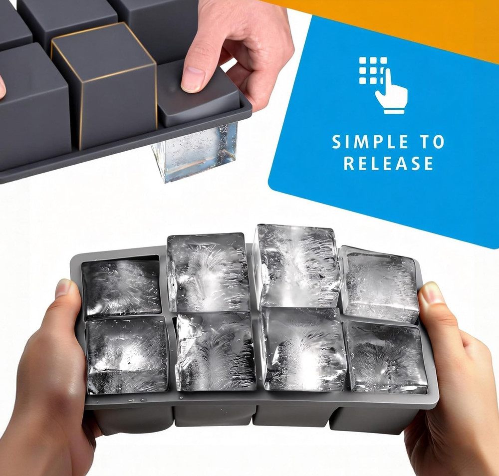 2-Pack Large Ice Cube Trays for Whiskey, Stackable & Easy-Release Silicone Squar