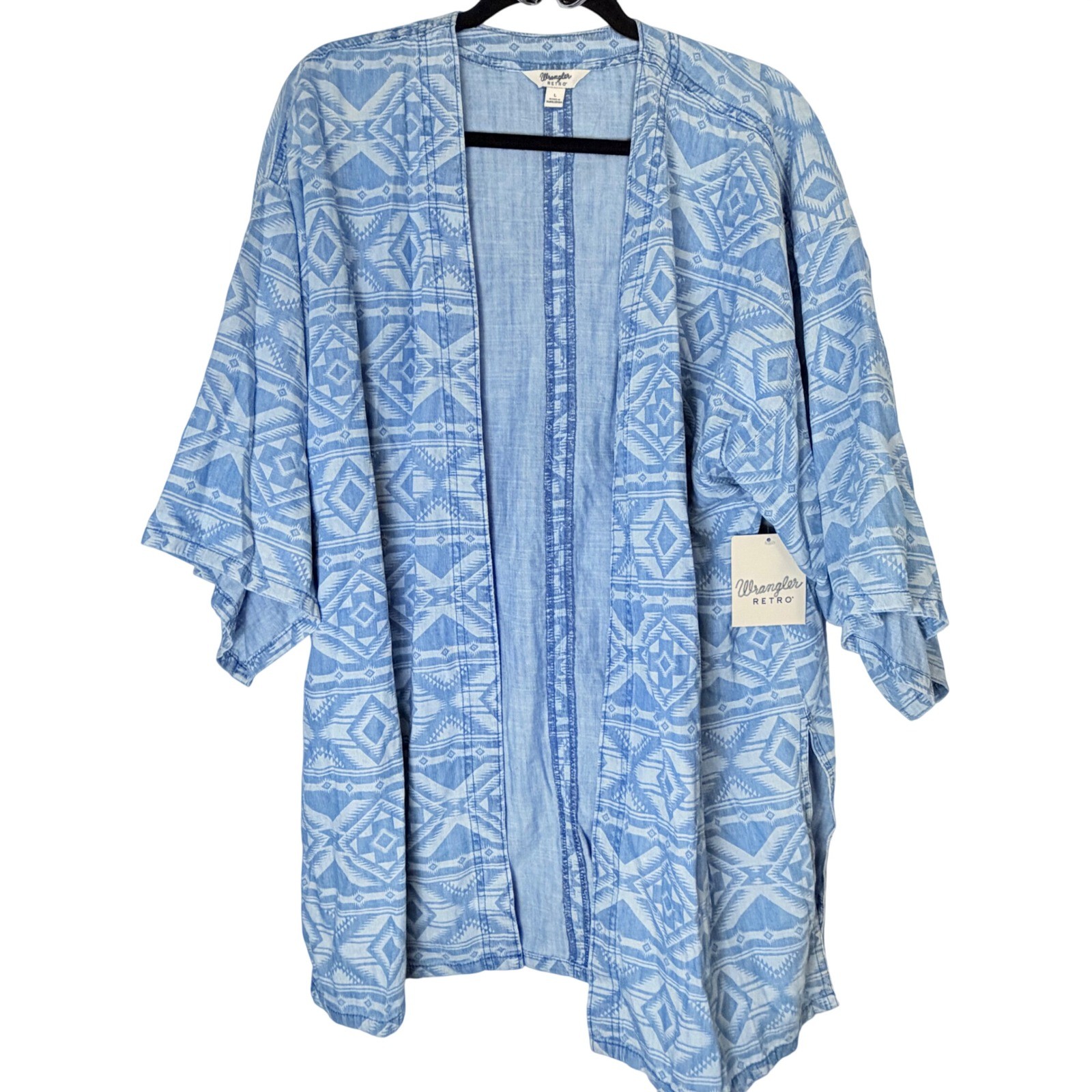 Wrangler Retro Denim Geometric Print Kimono Jacket Blue White Size L NWT