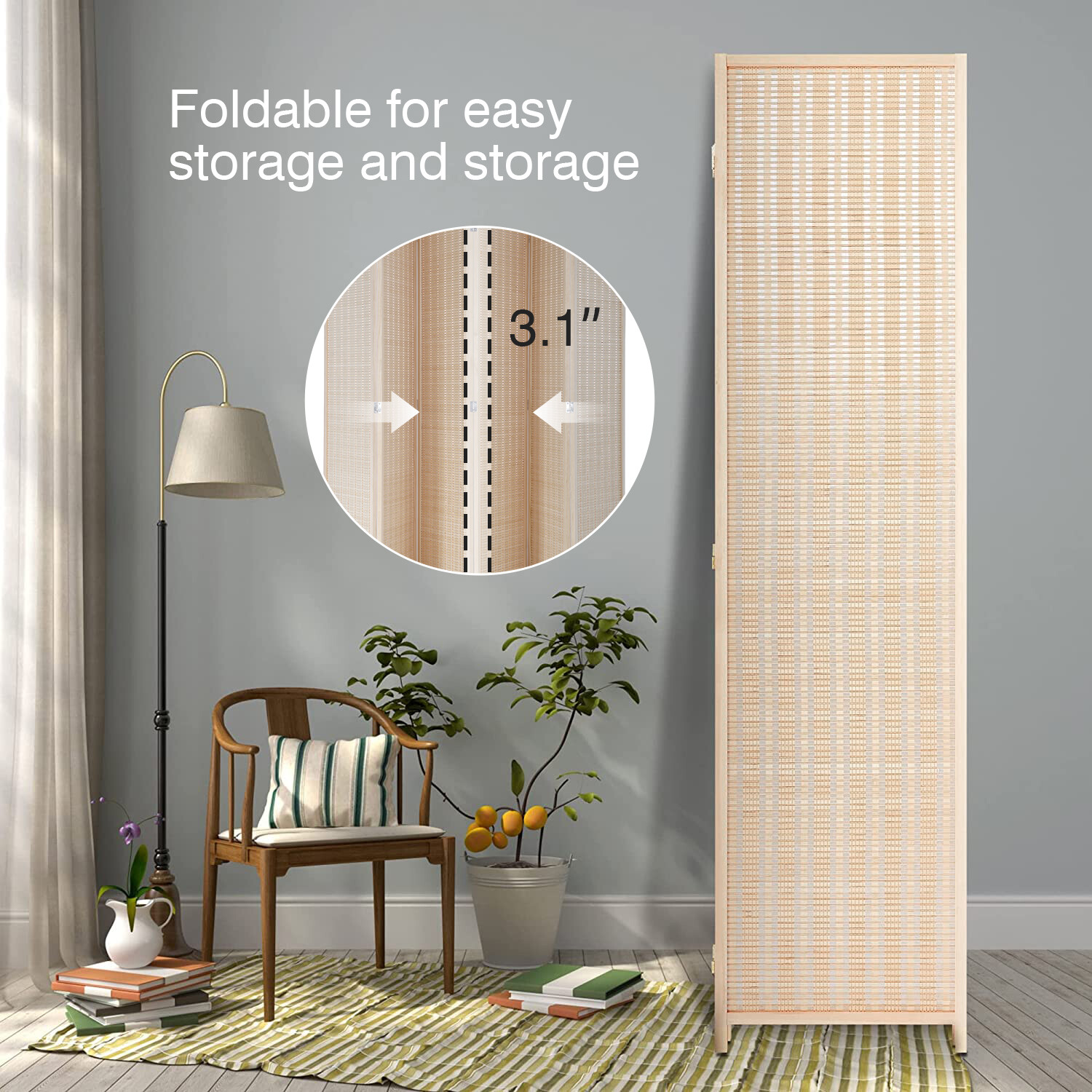 6 Panel Bamboo Room Divider, Folding Privacy Wall Divider Freestanding Partition