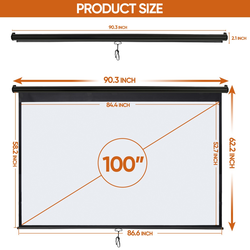 100'' Pull Down Projector Screen 16:10 4K Projection Screen Indoor Outdoor Black