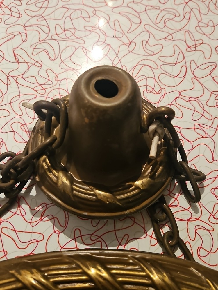 Antique Hanging Ceiling 2 Light Fixture Pressed Embossed Brass Ceiling Canopy