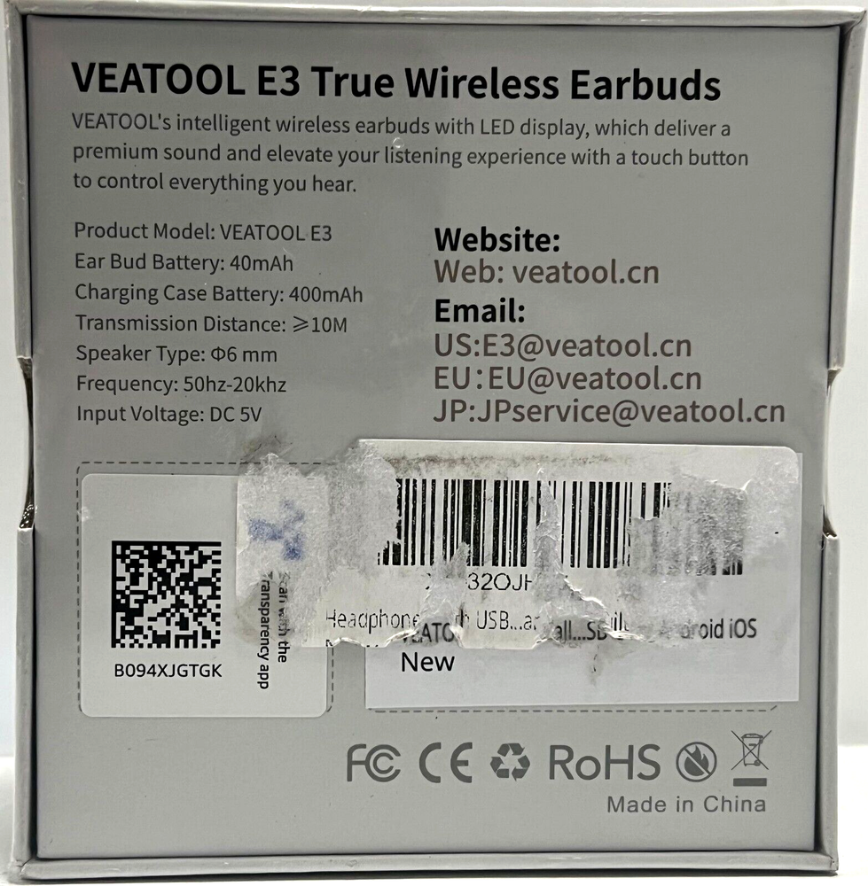 Veatool E3 True Wireless Earbuds, LED Display + Touch Control, Rechargeable Case