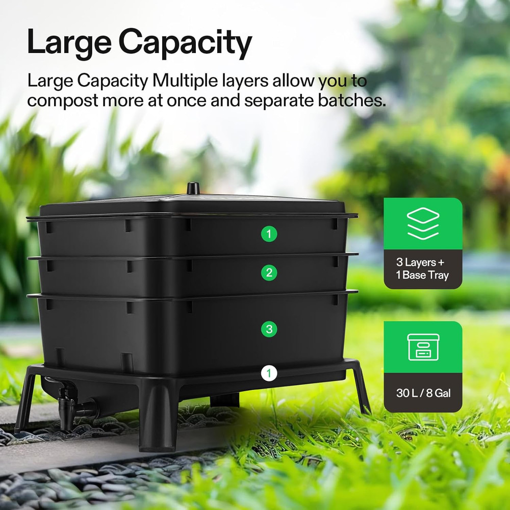 3-Layer Worm Compost Bin, 30L Worm Composter, Easy Setup Inclusive Worm Farm Kit