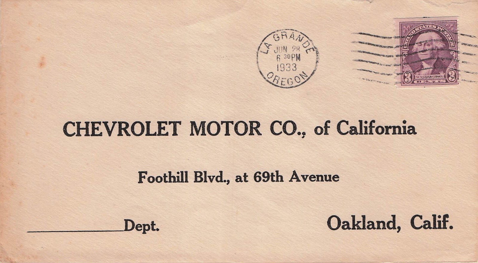 La Grande Oregon to Oakland CA California Chevrolet Car Auto Dealer 1933 Cover