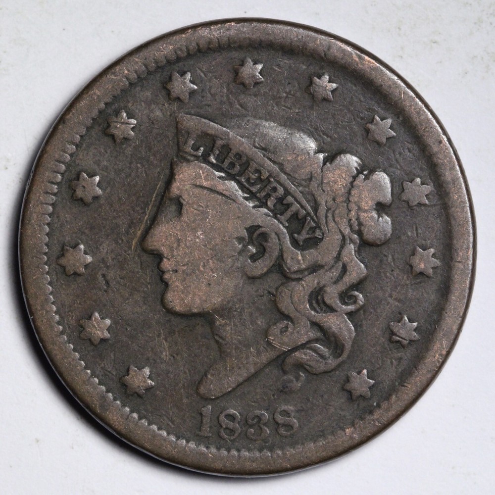 1838 Coronet Head Large Cent CHOICE FINE+ E193 JNL