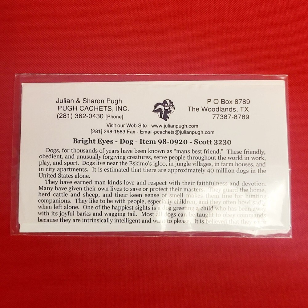 First Day of Issue Dog Stamp Cache Envelope Enclosure