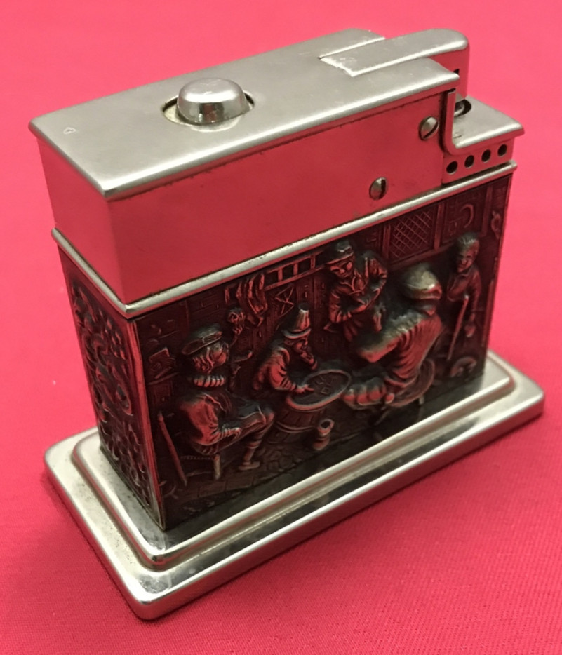 Vintage MYLFLAM .835S Silver Embossed Case TABLE LIGHTER Push Button