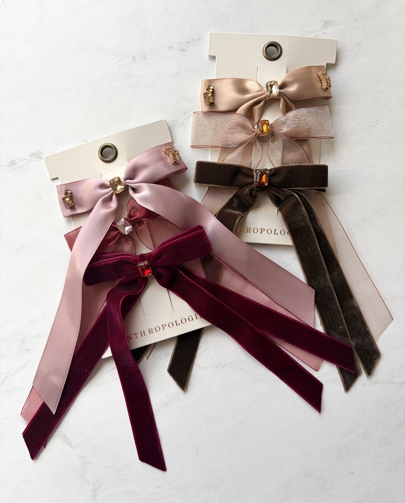 NWT Anthropologie Gemstone Bow Hair Clips Set of 3 Brown