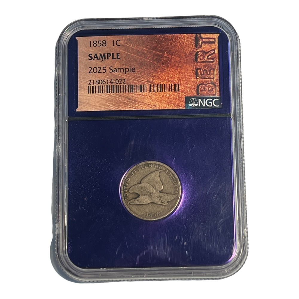 1858 1c Flying Eagle 2025 Sample Bert Label Purple Core 3A