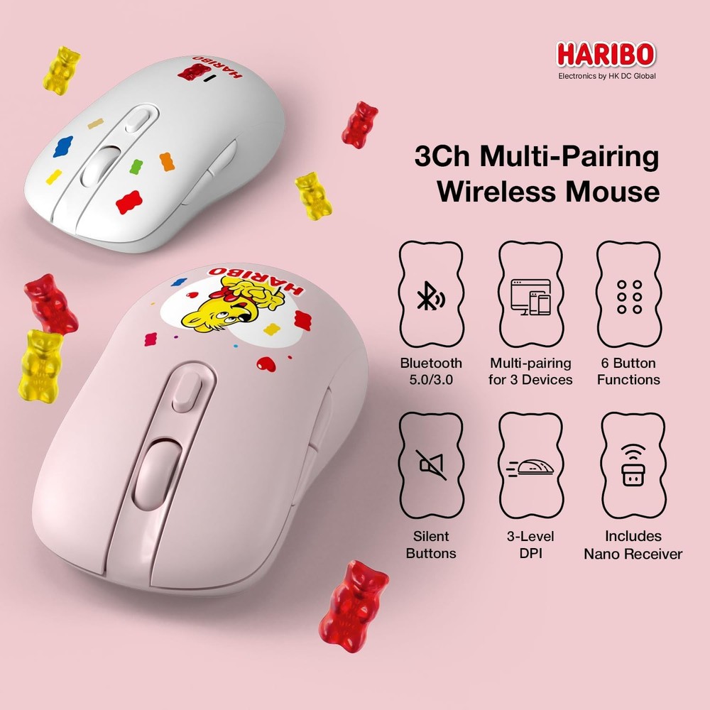 DCHK Haribo Wireless Mouse, Bluetooth 3.0/5.0 & 2.4GHz, Adjustable DPI, Multi...