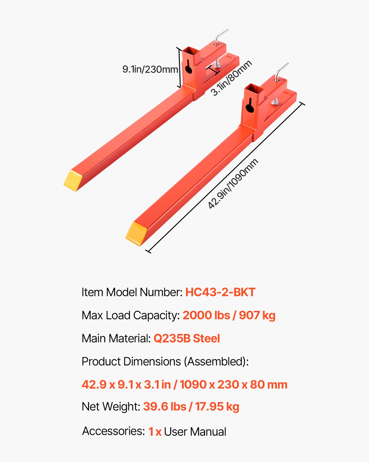 VEVOR 2000 lbs Clamp on Pallet Forks 43-Inch Quick Attach Tractor Forks